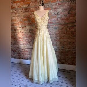Xscape Yellow Lace Prom Dress
